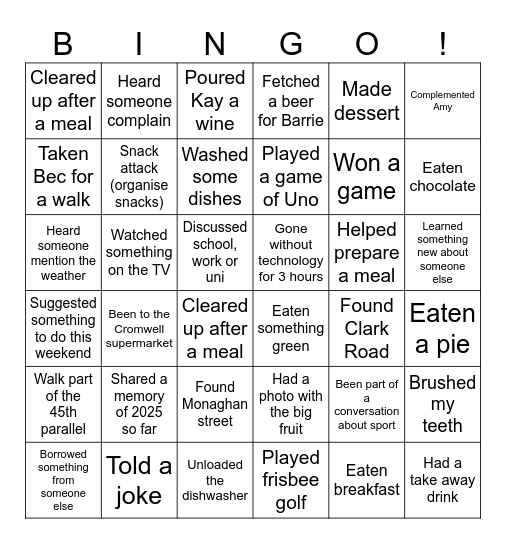 Family weekend in Cromwell 2025 Bingo Card