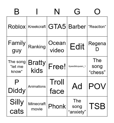 YouTube shorts bingo Card