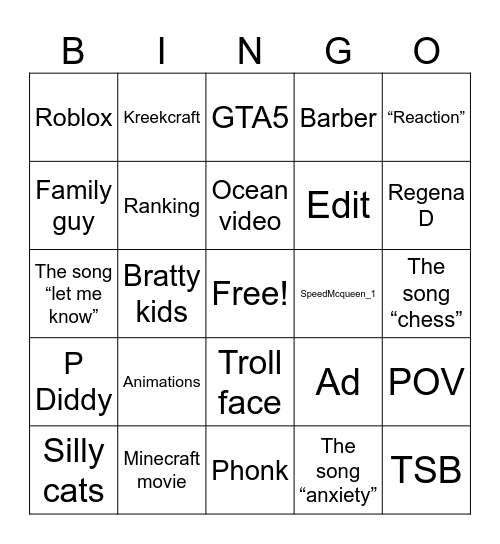 YouTube shorts bingo Card