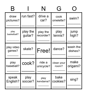 Can you ~   ? Bingo Card