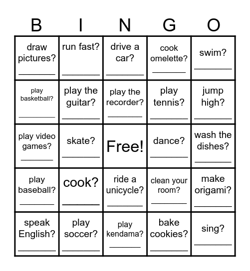 Can you ~   ? Bingo Card