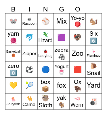 XYZ Bingo Card