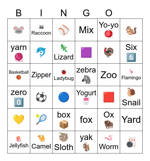 XYZ Bingo Card