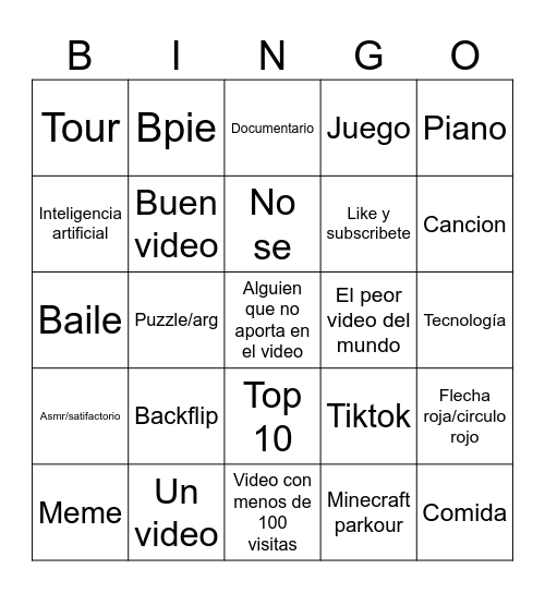 Youtube bingo Card