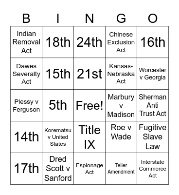 US History EOC Review Bingo Card