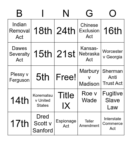 US History EOC Review Bingo Card