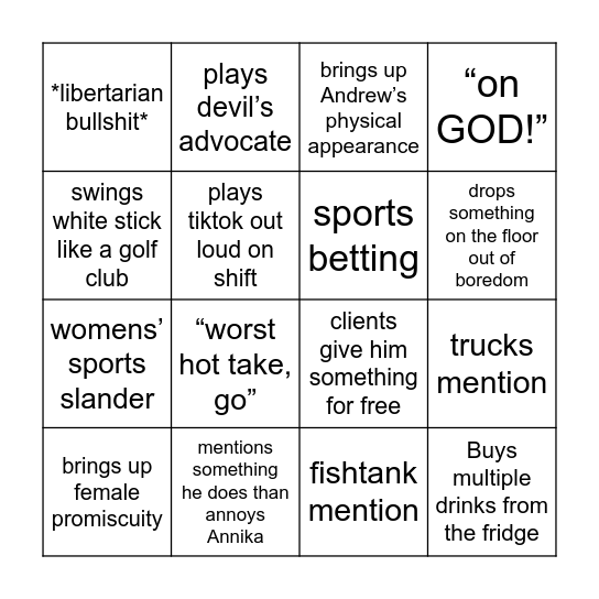 garett activities Bingo Card