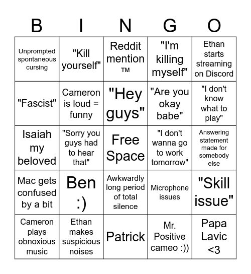 FOUR BIG GUYS Bingo Card