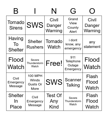 Weather Radio Test Bingo Card