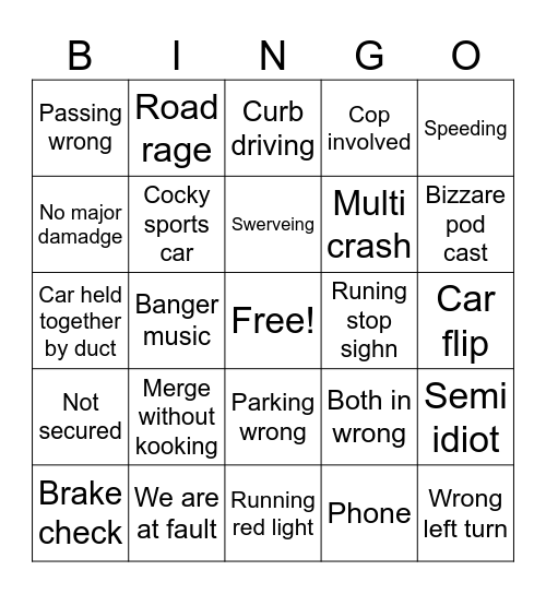 Idiot in cars Bingo Card