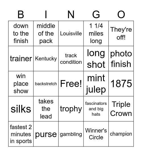 Kentucky Derby Bingo Card