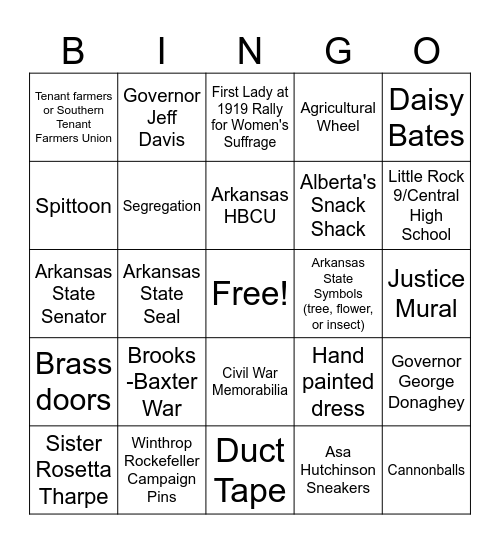 Arkansas History Bingo Card