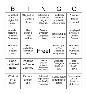 Jamestown S'Klallam Tribe Bingo Card