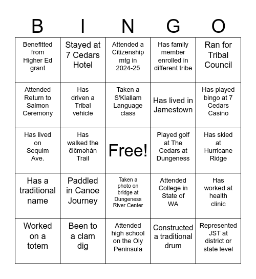 Jamestown S'Klallam Tribe Bingo Card