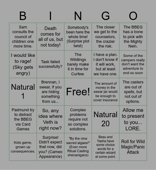 Wildemount Wildlings- Episode 3 Bingo Card