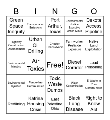 Environmental Justice BINGO Card