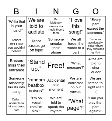 Chorus Class Craziness Bingo Card