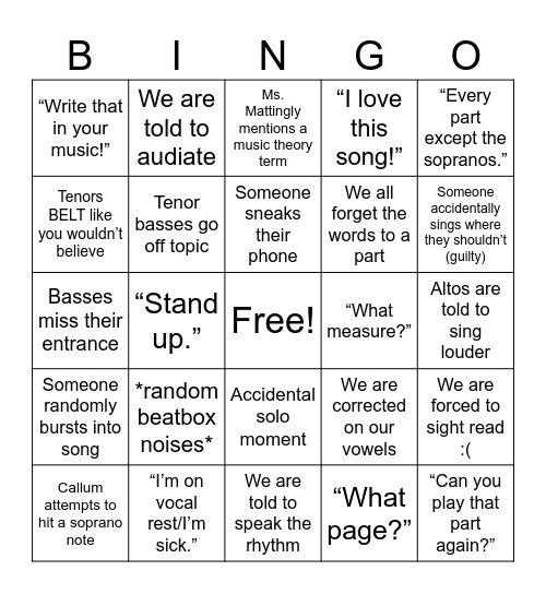 Chorus Class Craziness Bingo Card
