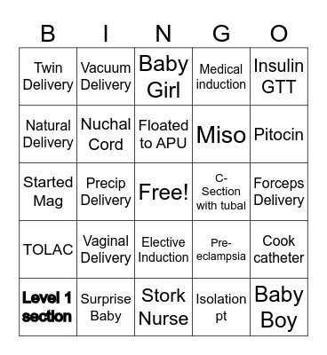 Labor & Delivery BINGO Card