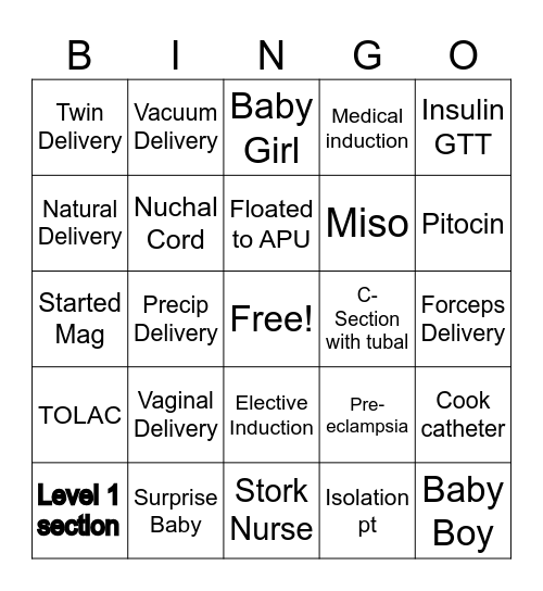 Labor & Delivery BINGO Card
