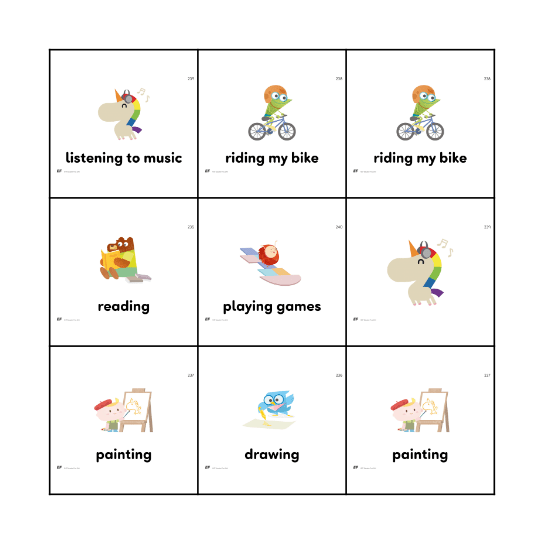 Hobbies Bingo Card