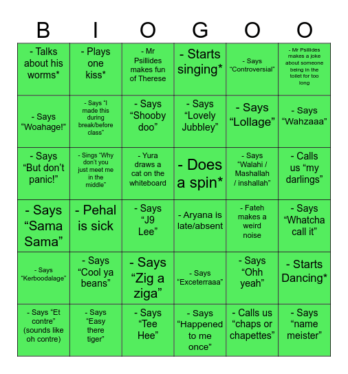 Psillides 2024/25 HL Class Bingo Card