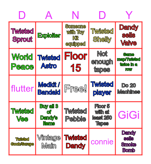 Dandy's World Bingo Card