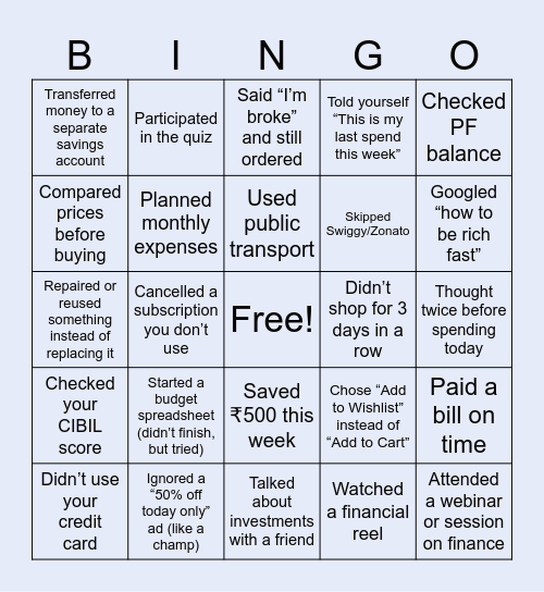 Smart Spender Bingo Card