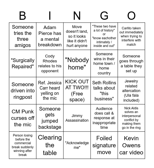 WWE Bingo Card