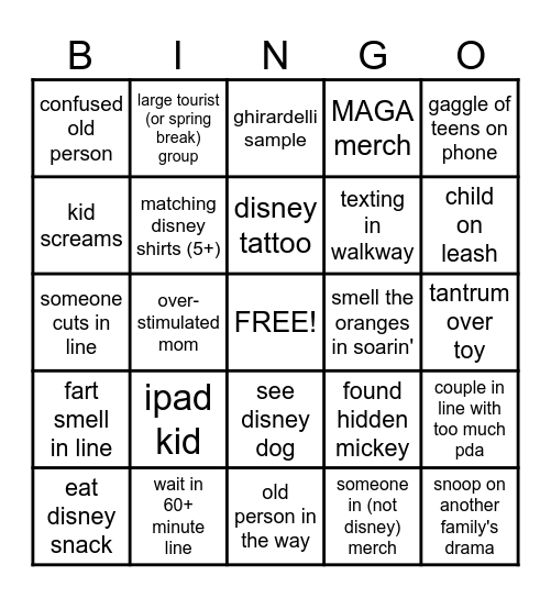 California Adventure Bingo Card