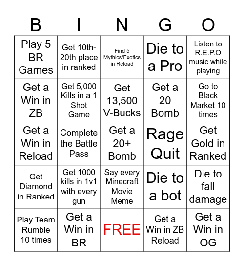 Fortnite Scenarios Bingo Card