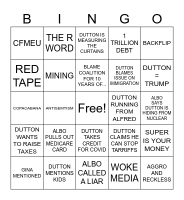 ABC Leaders Debate Bingo Card