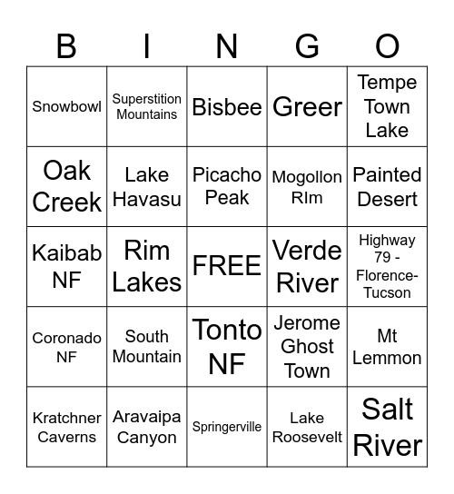 Our Arizona Bingo Card
