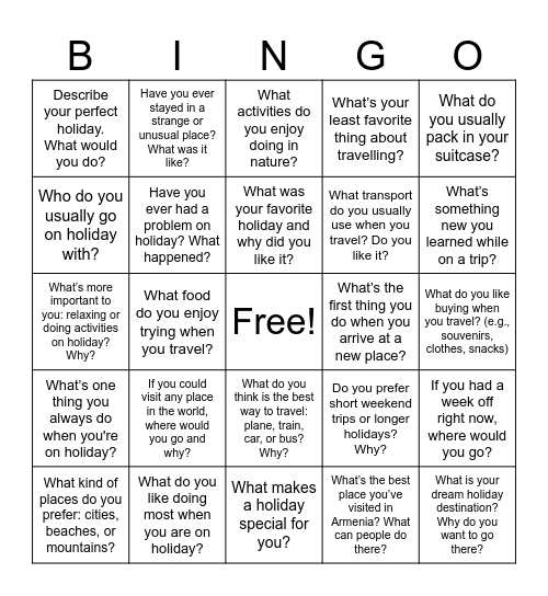 Holidays Bingo Card