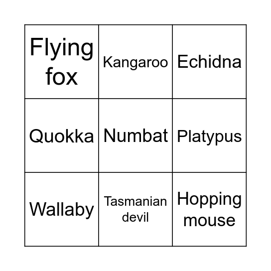 Australian Mammals Bingo Card