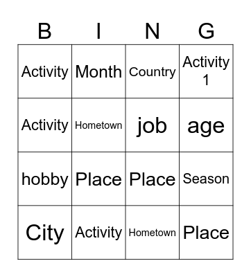 Reading comprehension Bingo Card