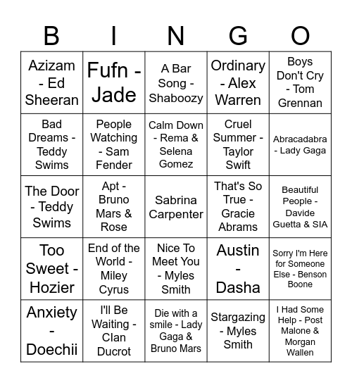 Hits Radio Bing Bingo Card