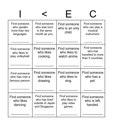 Getting to know you! Bingo Card