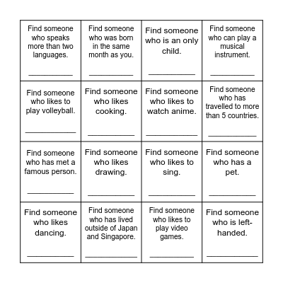 Getting to know you! Bingo Card