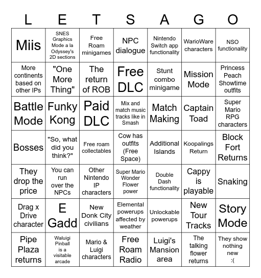 Mario Kart World Direct Bingo Card