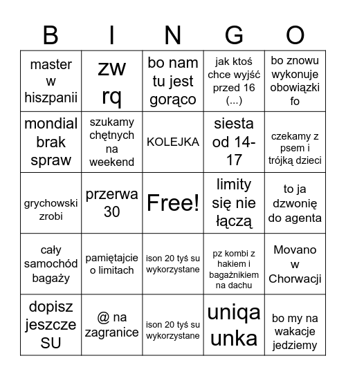 wakacyjne bingo Card