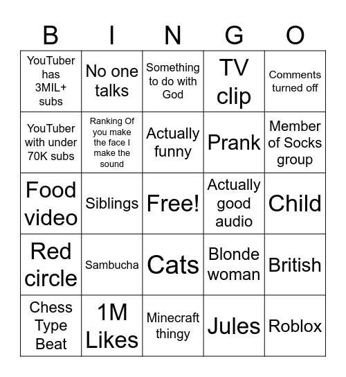 YouTube Shorts bingo Card