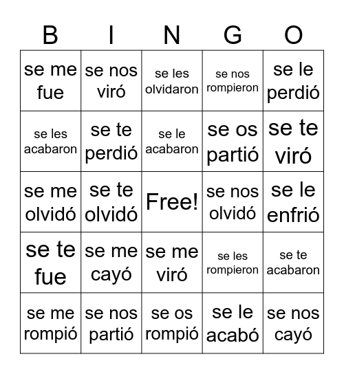 Se accidental Bingo Card