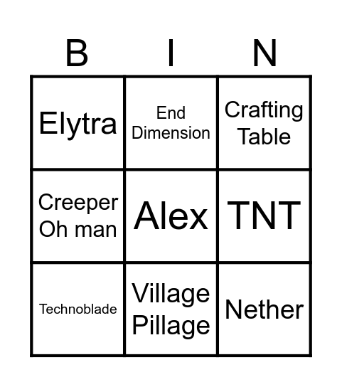 Tings I want in A Minecraft Movie Bingo Card