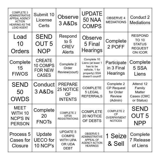 New Agent Training Squares Bingo Card