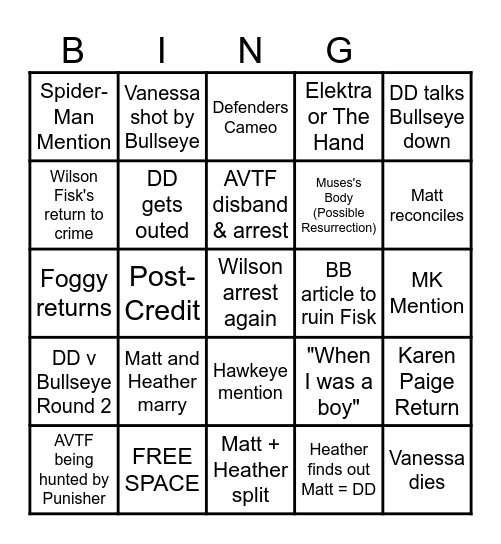 DD Finale Bingo Card