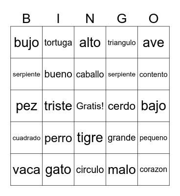 2nd Grade Spanish Bingo Card