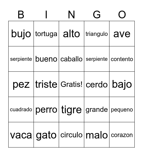 2nd Grade Spanish Bingo Card