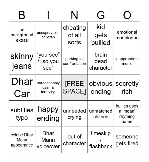 Dhar Mann Bingo Card