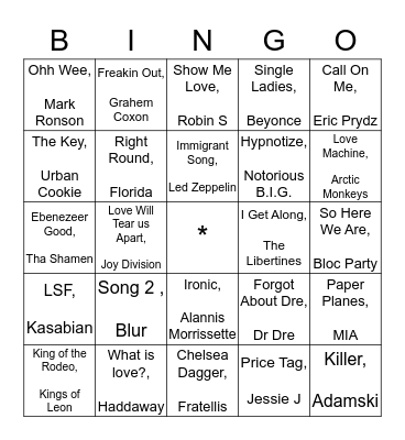 Rock'n'Roll Bingo Card